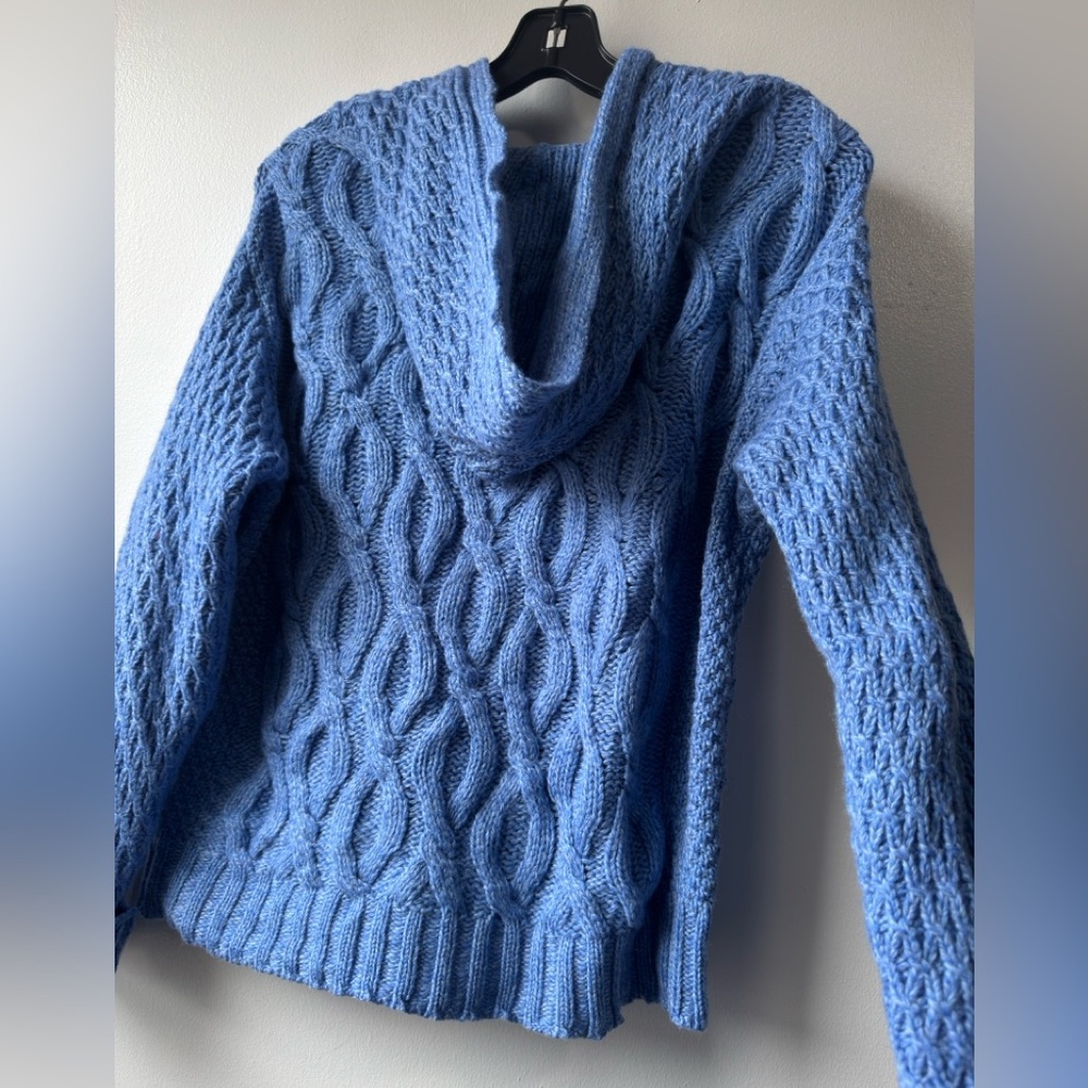 Aran Women’s Wool Cable Knit Hoodie Light Blue Cable-Knit Zip Sweater - Picture 6 of 15